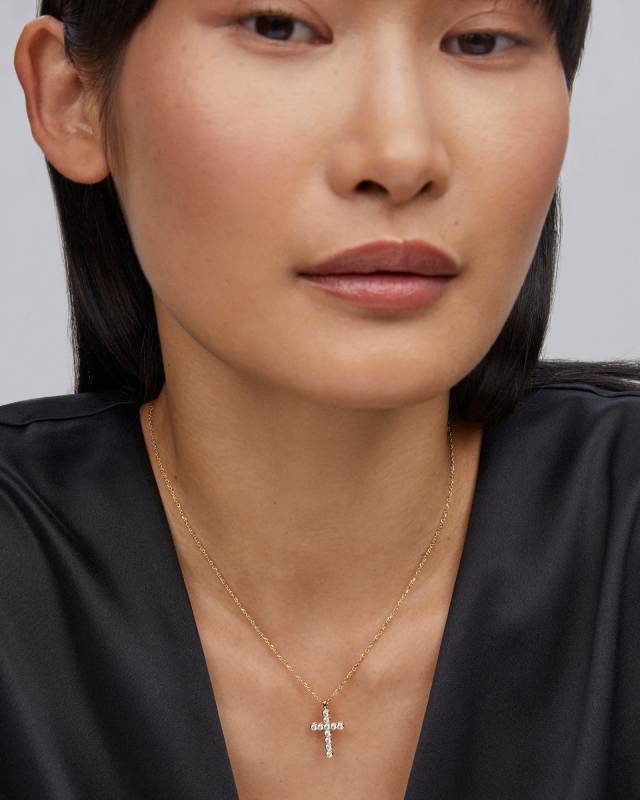 Cross Gold Pendant Necklace in White CZ