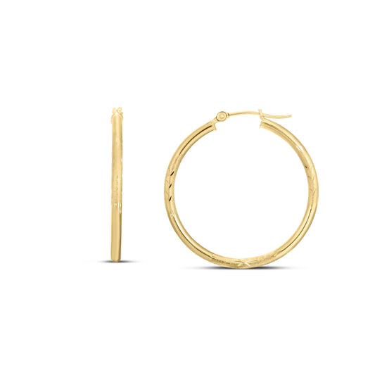Royal Chain 14K Yellow Gold 2x30mm Diamond Cut & Polished Design Hoop Earring LT229