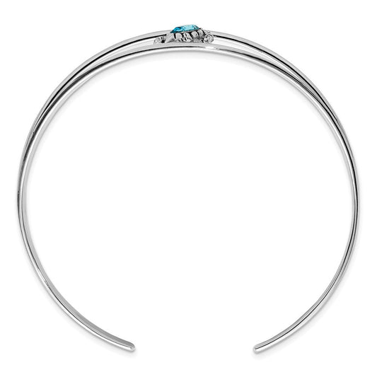 Sterling Silver Rhodium-plated Polished and Antiqued Blue Crystal Turtle Bangle PLB-325