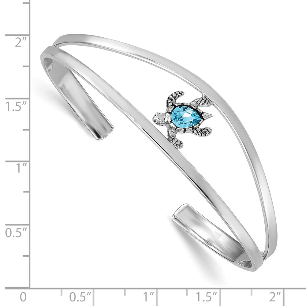 Sterling Silver Rhodium-plated Polished and Antiqued Blue Crystal Turtle Bangle PLB-325