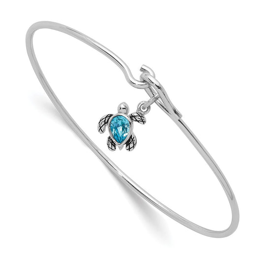 Sterling Silver Rhodium-plated Polished and Antiqued Thin Dangle Blue Crystal Turtle Hook Bangle PLB-395