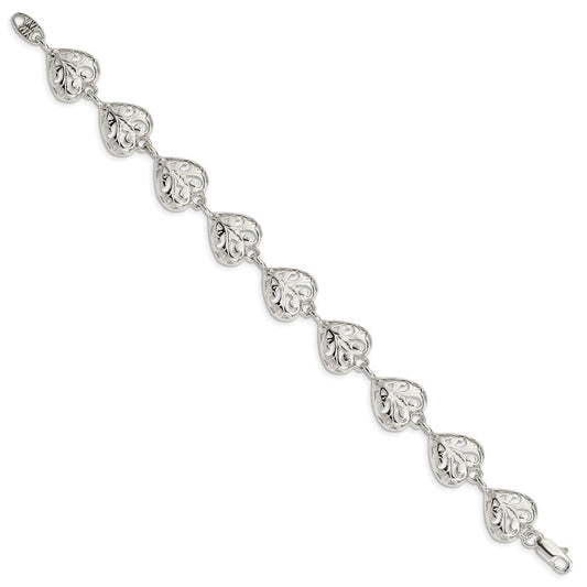Sterling Silver Fancy Filigree Heart 7 inch Bracelet QA47-7