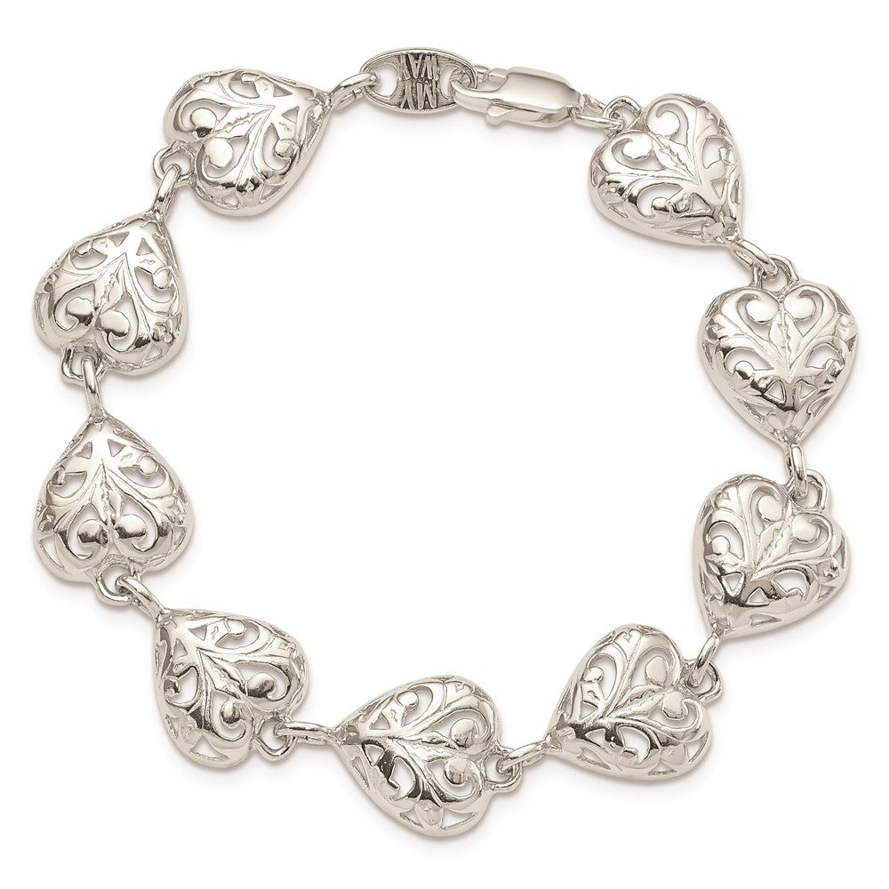Sterling Silver Fancy Filigree Heart 7 inch Bracelet QA47-7