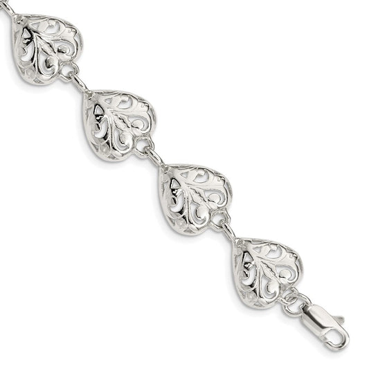 Sterling Silver Fancy Filigree Heart 7 inch Bracelet QA47-7