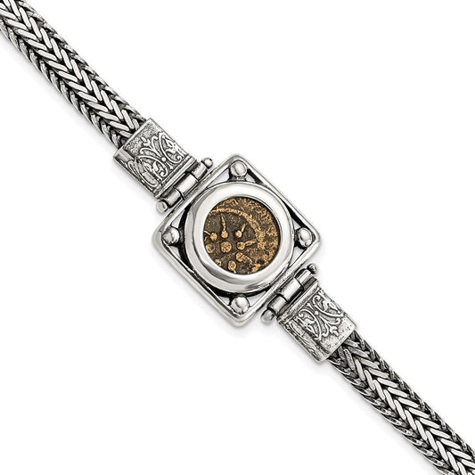 Ancient Coins Sterling Silver and Bronze Antiqued Widow's Mite Coin 7 inch Fancy Lobster Clasp Bracelet with a Certificate of Authenticity QAC109-7