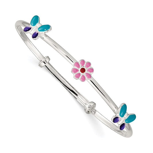 Sterling Silver Enameled Flower & Butterfly Adjustable Children's Bangle QB1048