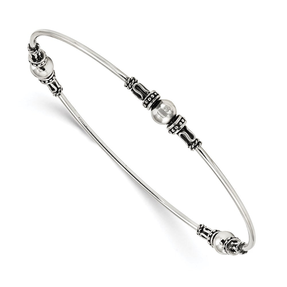 Sterling Silver Antiqued Beaded Slip On Bangle QB1079