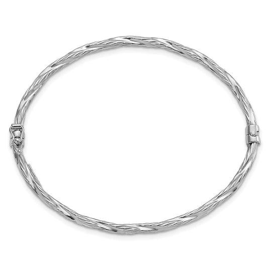 Sterling Silver Rhod-platd Textured 3mm Twisted Hinged Bangle QB1095