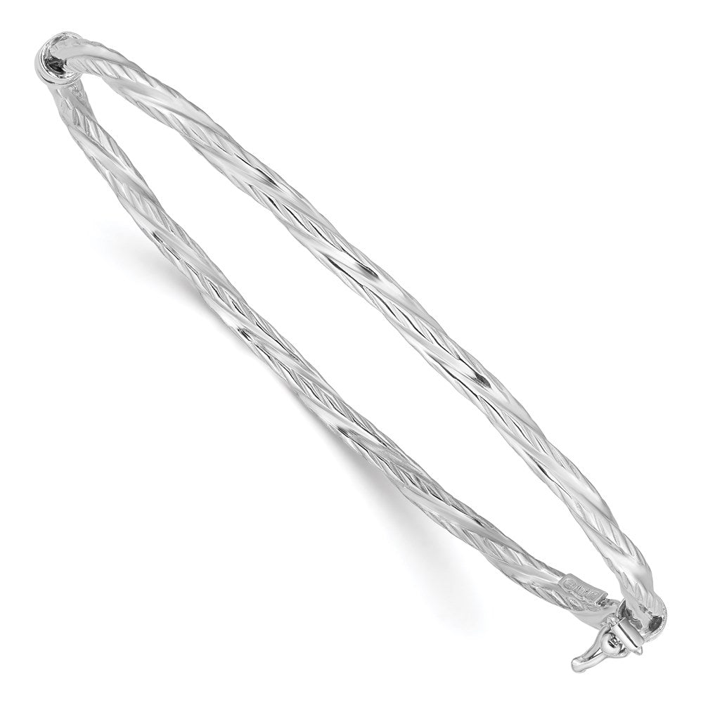 Sterling Silver Rhod-platd Textured 3mm Twisted Hinged Bangle QB1095