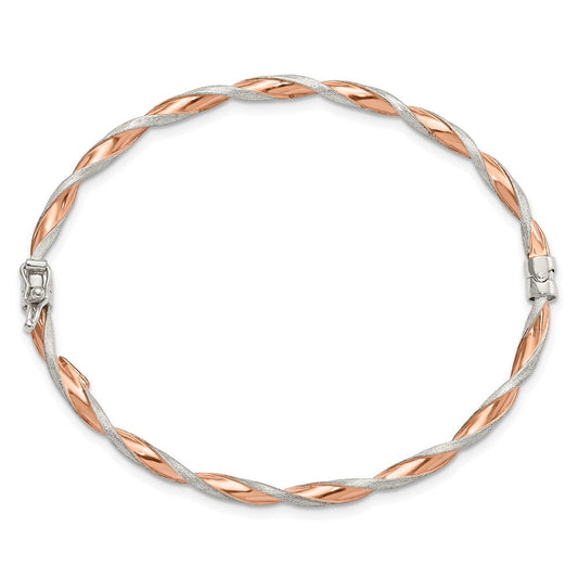 Sterling Silver Rose-tone Satin/Polish Twisted 3mm Hinged Bangle QB1099