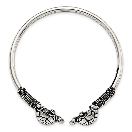 Sterling Silver Polished Antiqued Turtle Flexible Bangle QB1157