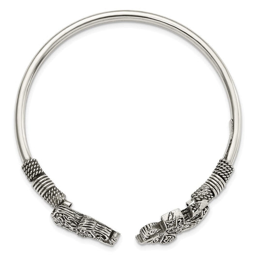 Sterling Silver Polished Antiqued Filigree Elephants Flexible Bangle QB1159