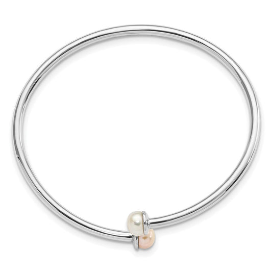 Sterling Silver Rhodium-plated 5-5.5mm Pink and White Button Freshwater Cultured Pearl Flexible Children's Bangle QB1203