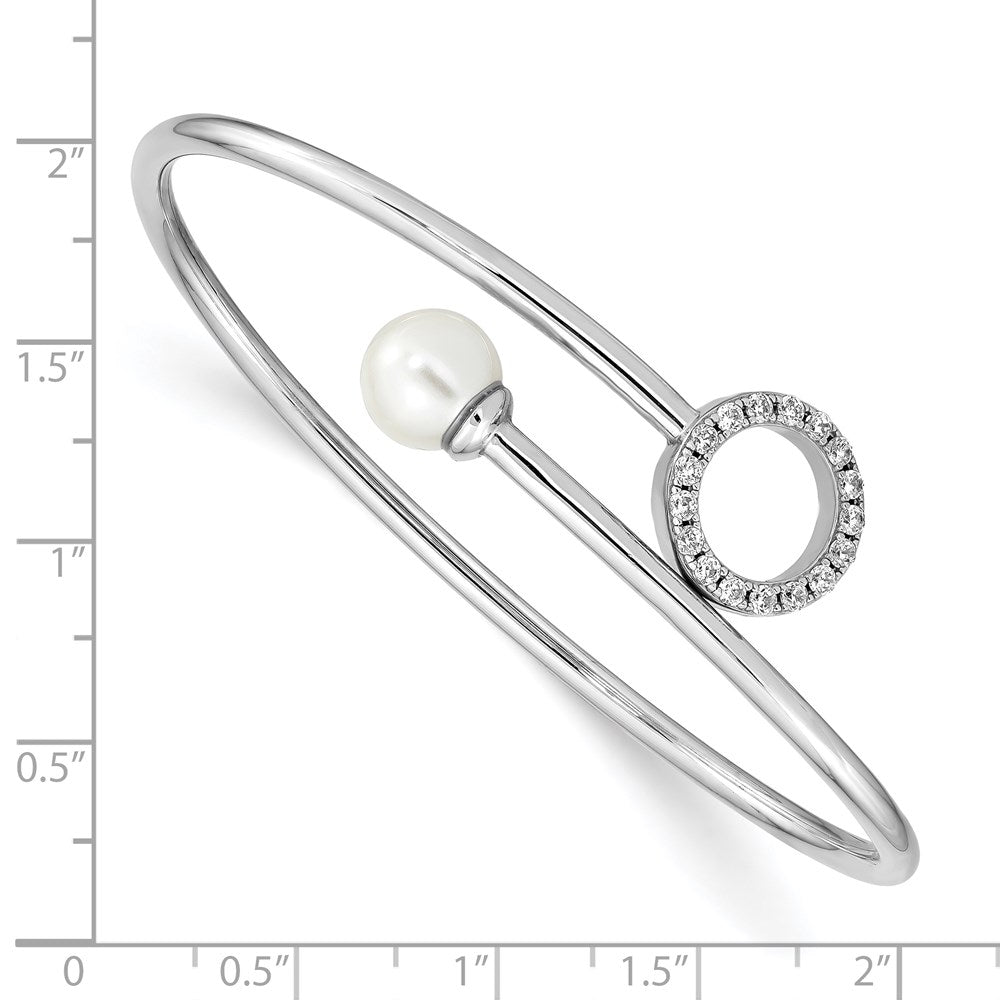 Sterling Silver Rh-pl Imitation Shell Pearl and CZ Flexible Bangle QB1236