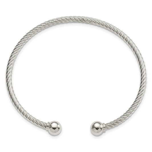 Sterling Silver Polished Twisted w/1 Thread Ball Cuff Bangle QB1380