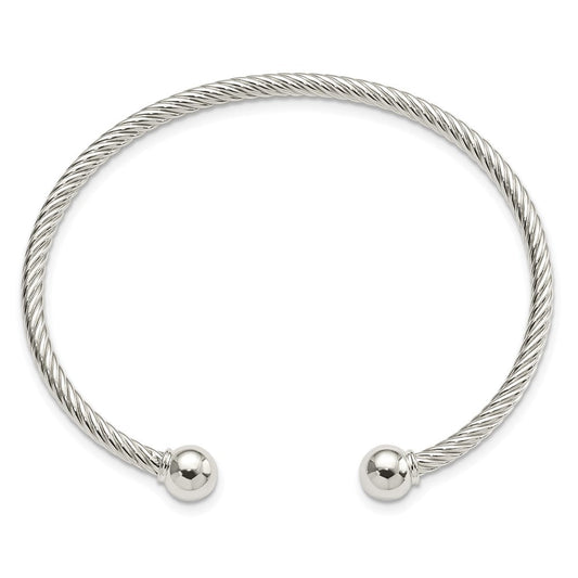 Sterling Silver Rhod-plated Twisted w/1 Thread Ball Cuff Bangle QB1381