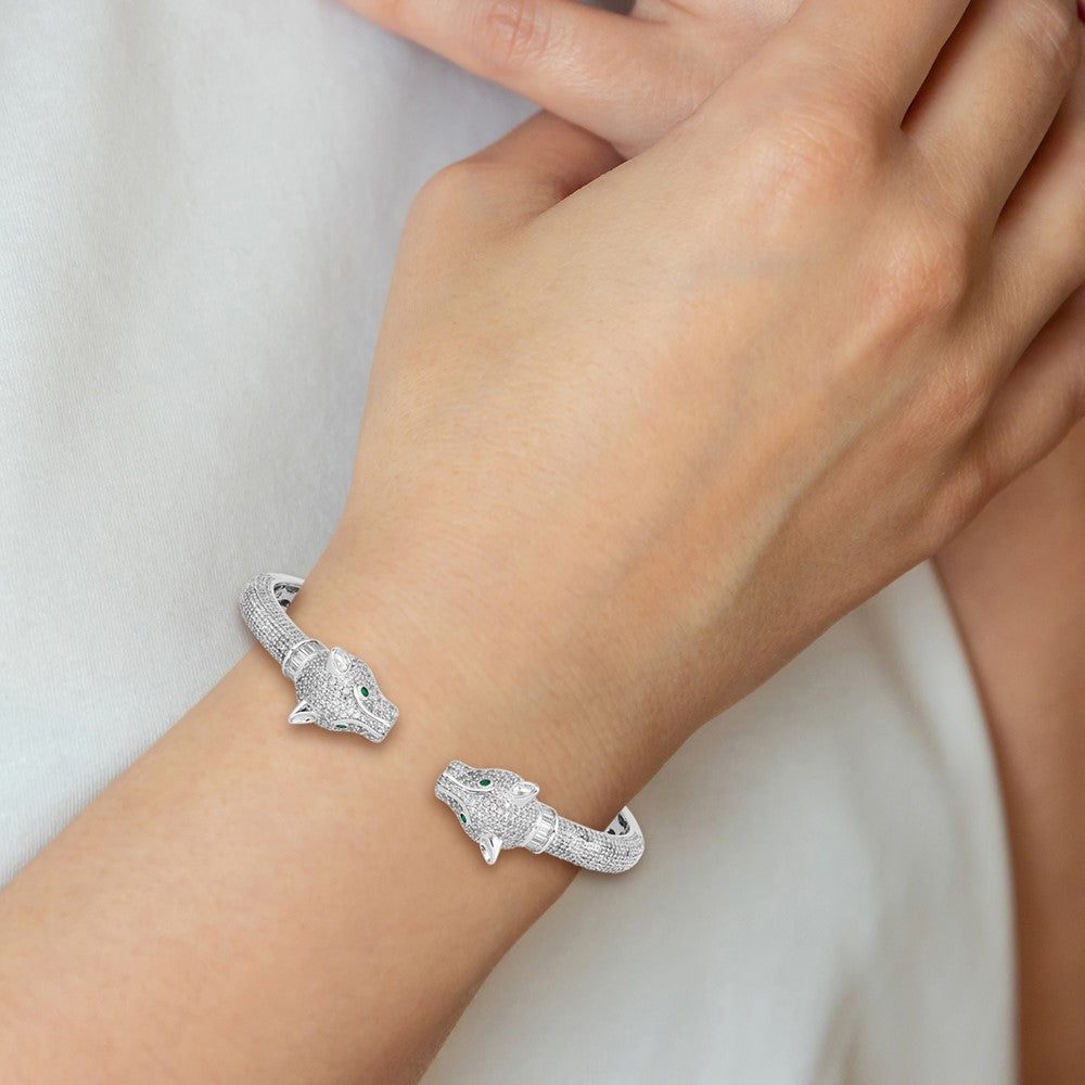 Sterling Silver Rhodium-plated Polished CZ Lioness Hinged Cuff Bangle QB1445