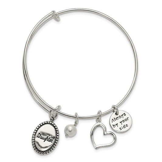 Sterling Silver Antiqued Syn. Pearl Daughter Charm Adjustable Bangle QB1504