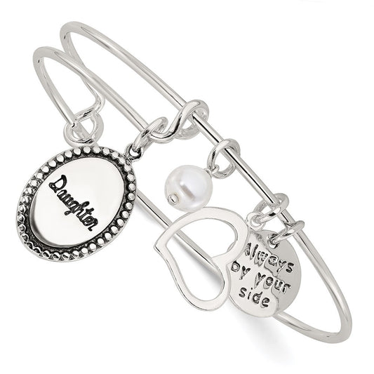 Sterling Silver Antiqued Syn. Pearl Daughter Charm Adjustable Bangle QB1504