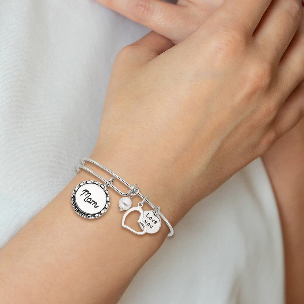 Sterling Silver Antiqued Syn. Pearl Love You Mom Charm Adjustable Bangle QB1505