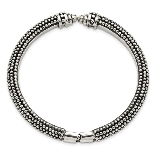 Sterling Silver Polished and Antiqued Beaded Hinged Bangle Bracelet QB1507