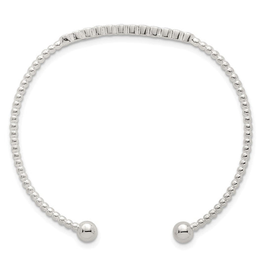 Sterling Silver Polished and Beaded Bezel Set CZ Bar Cuff Bangle QB1587