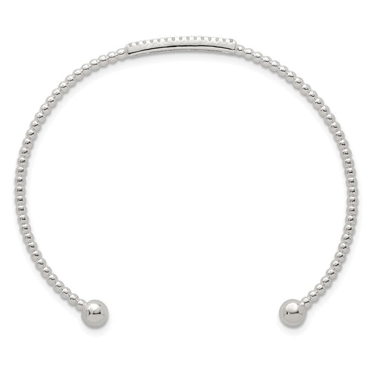 Sterling Silver Polished and Beaded CZ Bar Cuff Bangle QB1588