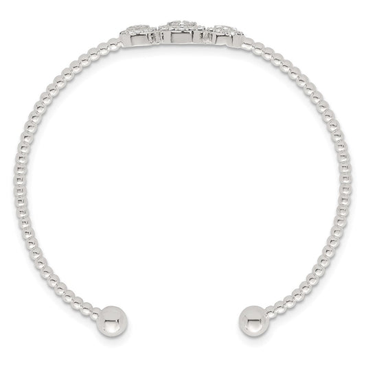 Sterling Silver Polished and Beaded Pave CZ Triple Circle Cuff Bangle QB1591