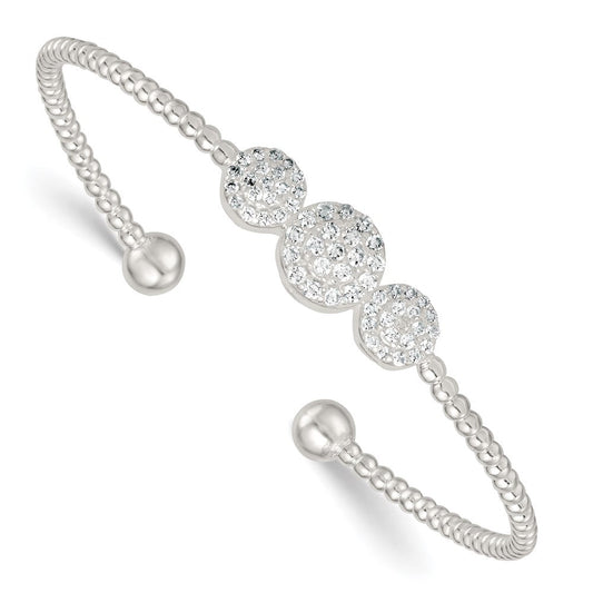 Sterling Silver Polished and Beaded Pave CZ Triple Circle Cuff Bangle QB1591