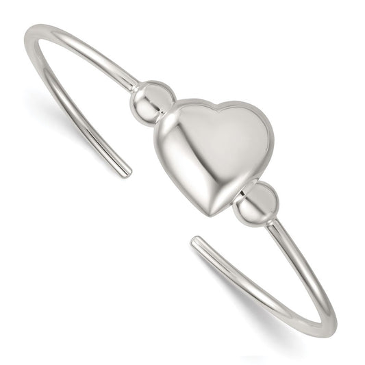 Sterling Silver Polished and Beaded Domed Heart Cuff Bangle QB1593