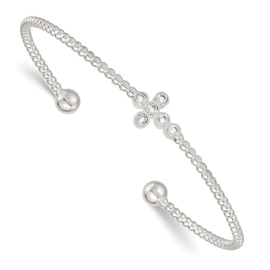 Sterling Silver Polished and Beaded CZ Cross Cuff Bangle QB1595