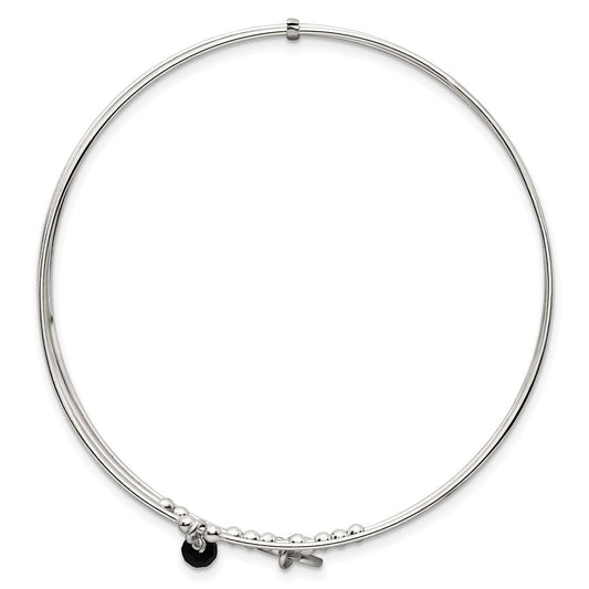 Sterling Silver Polished Beaded Miraculous Medal and Black Glass Bead Triple Band Slip-on Bangle Bracelet QB1604