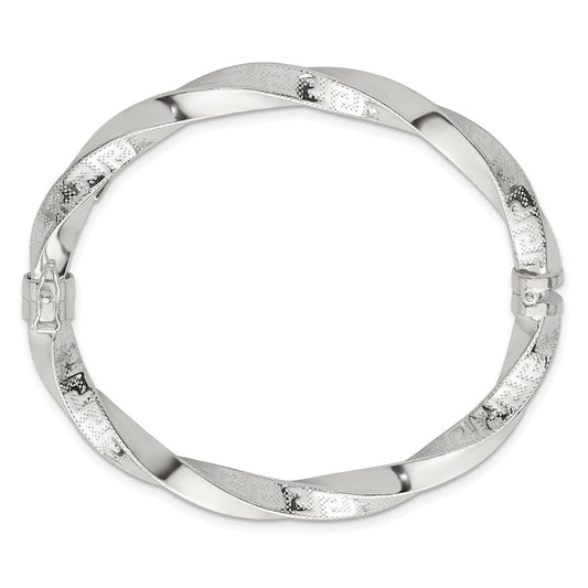 Sterling Silver Polished Textured and Twisted 6.50mm Greek Key Hinged Bangle QB1618