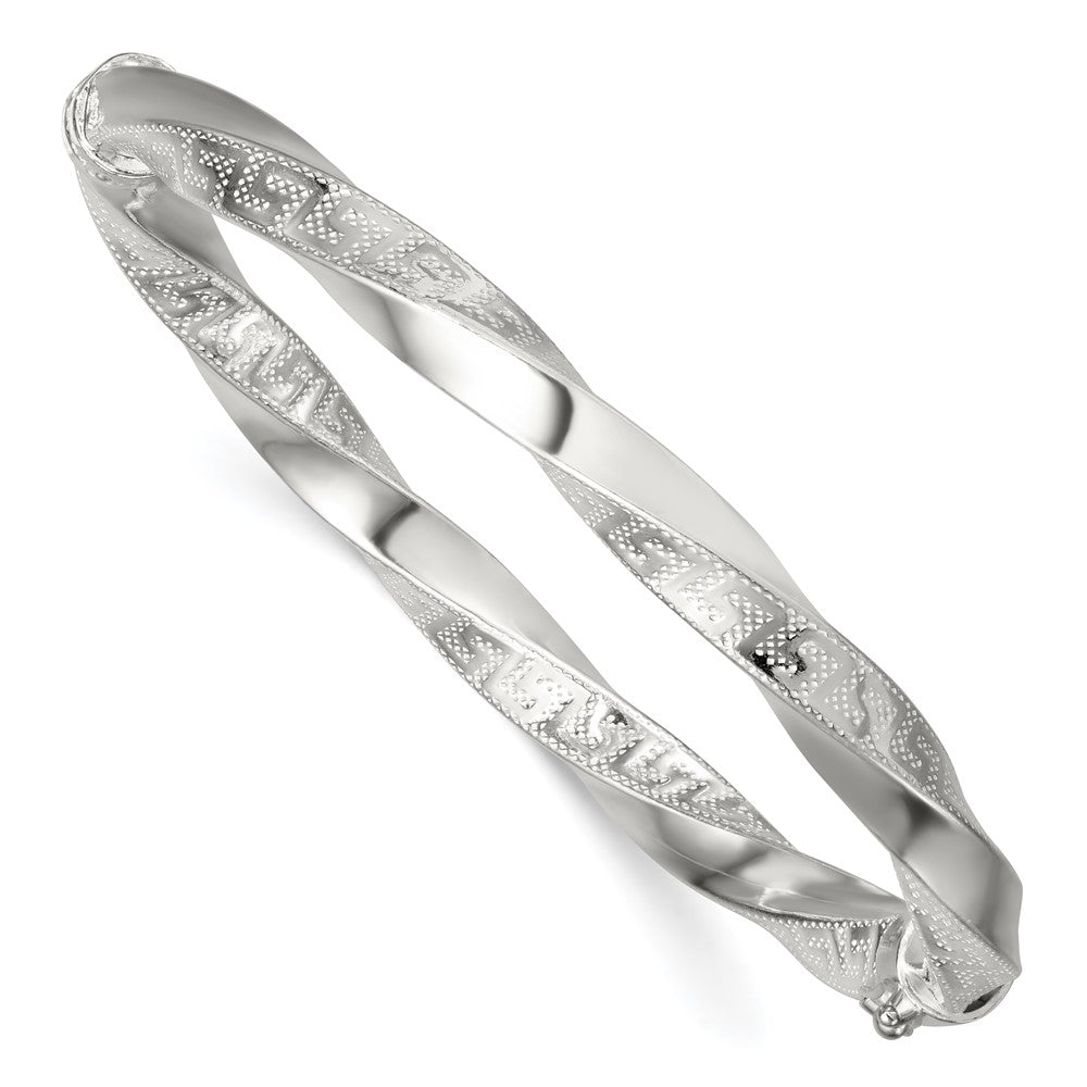 Sterling Silver Polished Textured and Twisted 6.50mm Greek Key Hinged Bangle QB1618