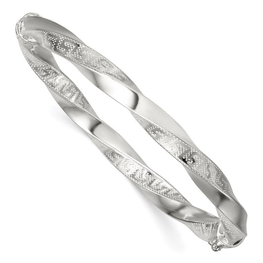 Sterling Silver Polished Textured and Twisted 6.50mm Greek Key Hinged Bangle QB1618