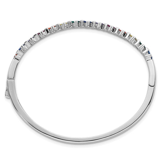 Sterling Silver Rhodium-plated Polished Multi-color Rainbow Round and Emerald-shape Nano Crystal Hinged Bangle QB1626