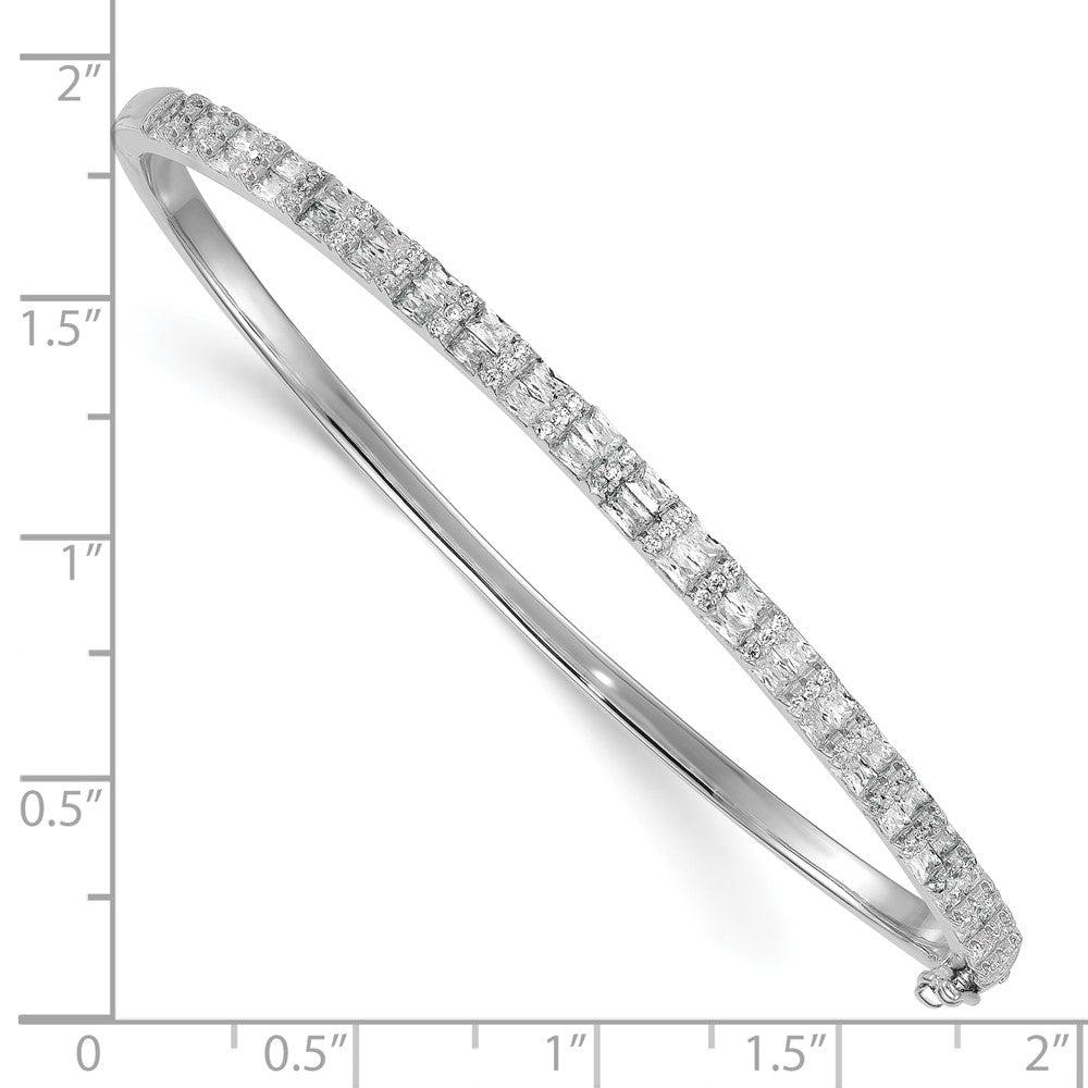 Sterling Silver Rhodium-plated Polished Round and Emerald-shape CZ Fancy Hinged Bangle QB1630