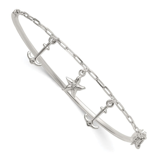 Sterling Silver Polished Anchor and Starfish Charms Half Bangle Bracelet QB1632