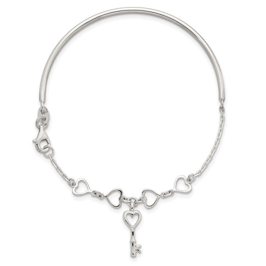 Sterling Silver Polished Open Hearts and Key Charms Half Bangle Bracelet QB1633