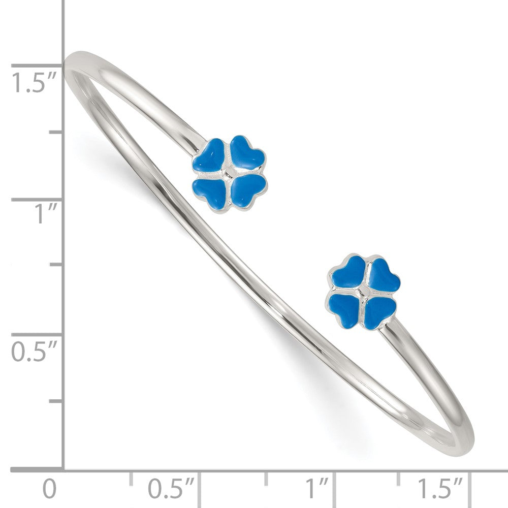 Sterling Silver Polished Blue Enamel Clover Childrens Cuff Bracelet QB1635