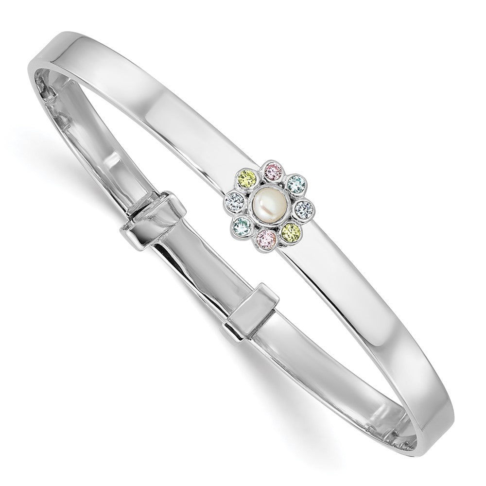 Sterling Silver Rhodium-plated Polished Green, Pink, Blue and Purple CZ and Freshwater Cultured Pearl Flower Childrens Expandable Bangle QB1639