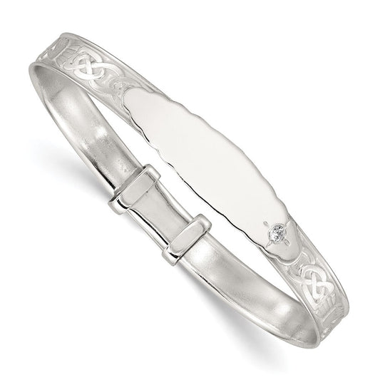 Sterling Silver Polished White CZ Claddagh Expandable Slip-on Baby ID Bangle QB1647