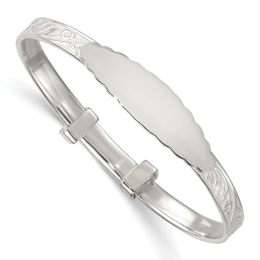Sterling Silver Polished Textured Floral Expandable Slip-on Baby ID Bangle QB1648