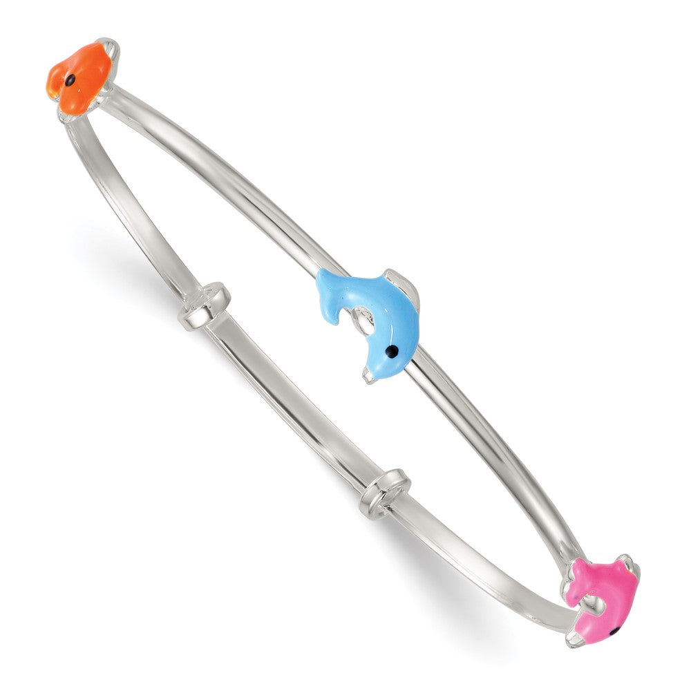 Sterling Silver Blue/Pink/Black Enamel Dolphins Childrens Expandable Slip-on Bangle QB1649