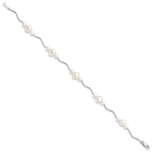 Sterling Silver Rhodium-plated 3-6mm White Near-Round Freshwater Cultured Pearl 7.25 inch Bracelet QB249