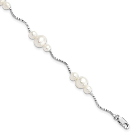 Sterling Silver Rhodium-plated 3-6mm White Near-Round Freshwater Cultured Pearl 7.25 inch Bracelet QB249