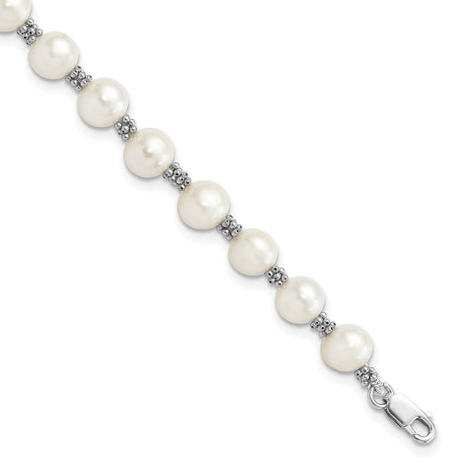 Sterling Silver Rhodium-plated 6-7mm White Round Freshwater Cultured Pearl 7.25 inch Bracelet QB250