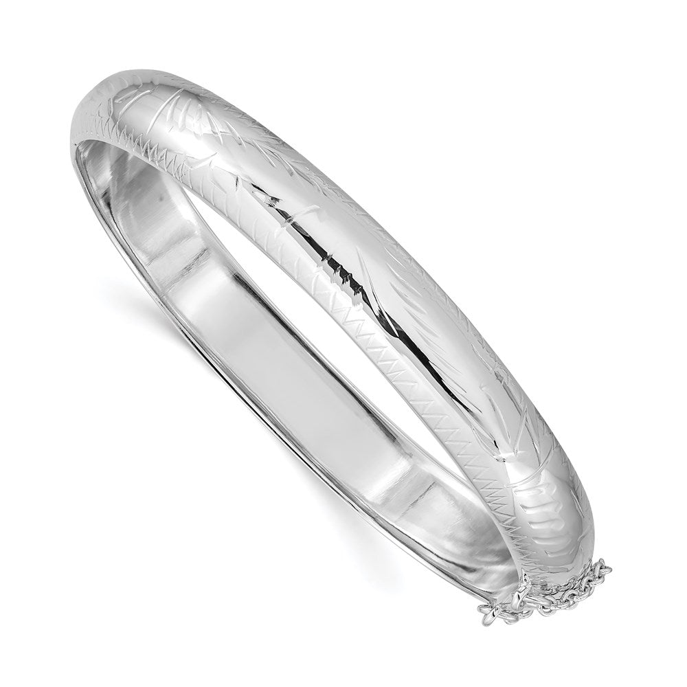 Sterling Silver Rhodium-plated 9.5mm D/C Fancy Hinged Bangle Bracelet QB32