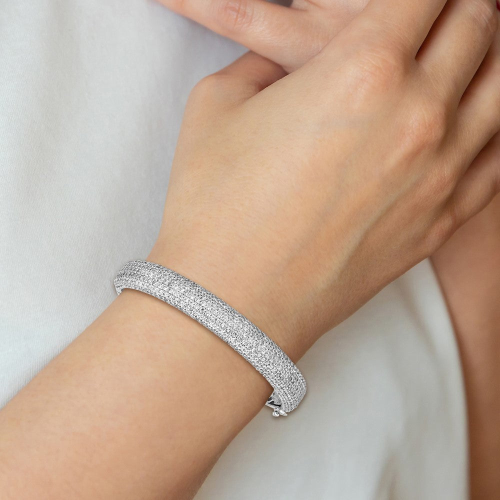 Sterling Shimmer Sterling Silver Rhodium-plated 360 Stone CZ Pav������������������������������������������������������ Hinged Bangle QB667