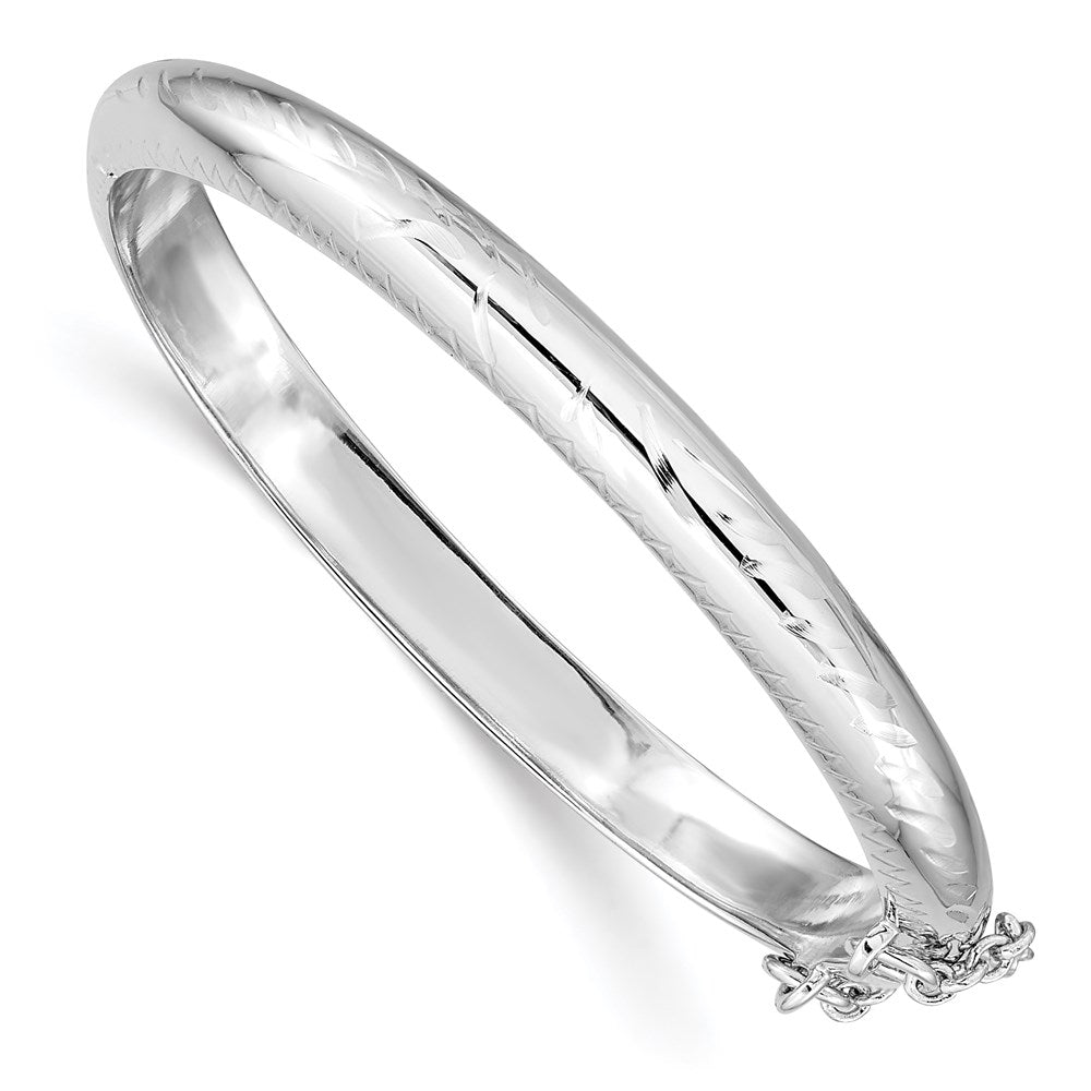 Sterling Silver Rhodium-plated Polished & Diamond-cut 5mm with Safety Clasp Hinged Children's Bangle QB790
